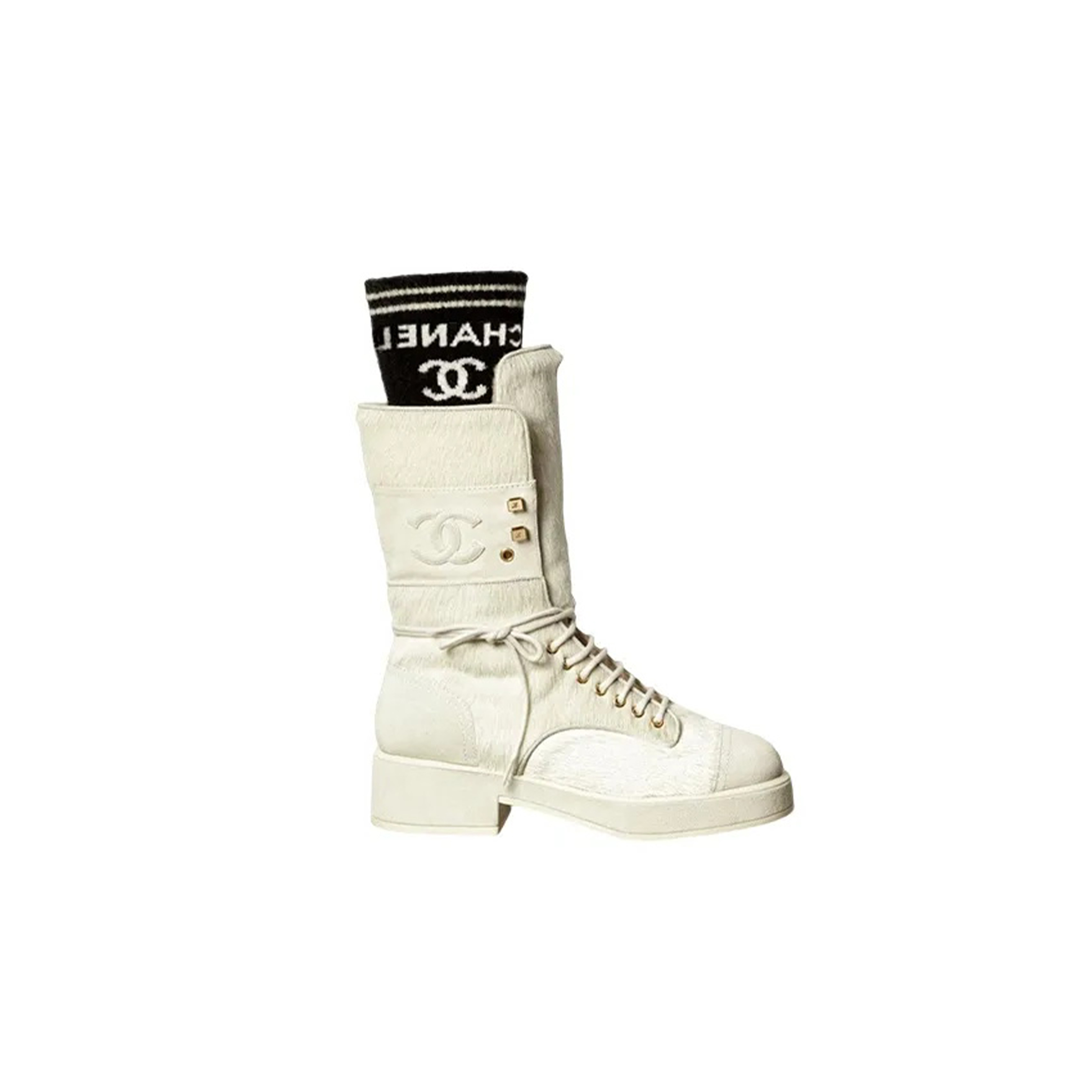 CHANEL LACE-UPS CALFSKIN, KNIT & SUEDE CALFSKIN WHITE & BLACK G39506 Y56127 K4955 CHANEL LACE-UPS CALFSKIN, KNIT & SUEDE CALFSKIN WHITE & BLACK G39506 Y56127 K4955